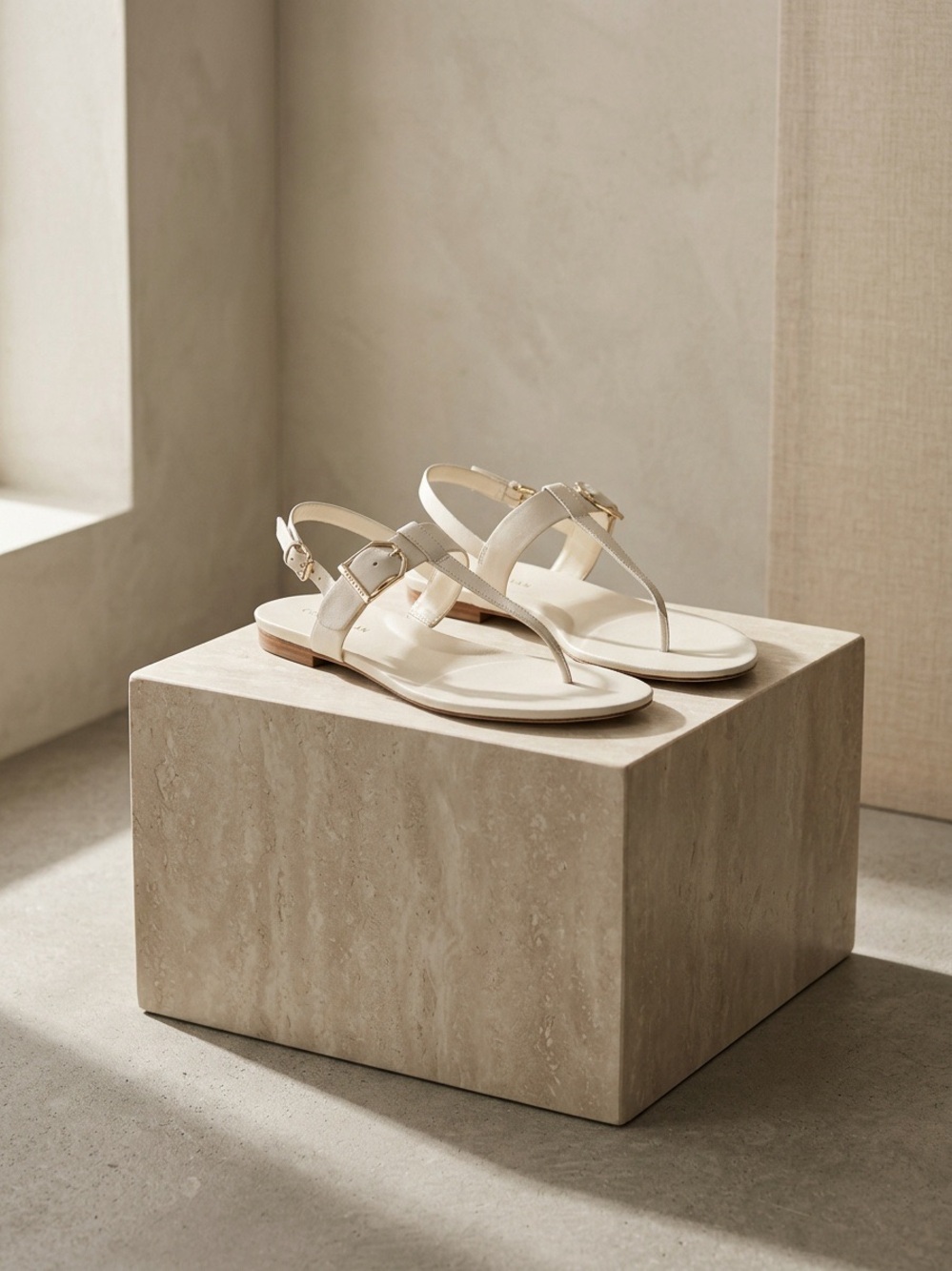 Cole Haan Francine Demi Wedge T-Strap Flat Sandals with Gold Buckle Cork Trim 9B - Picture 1 of 13
